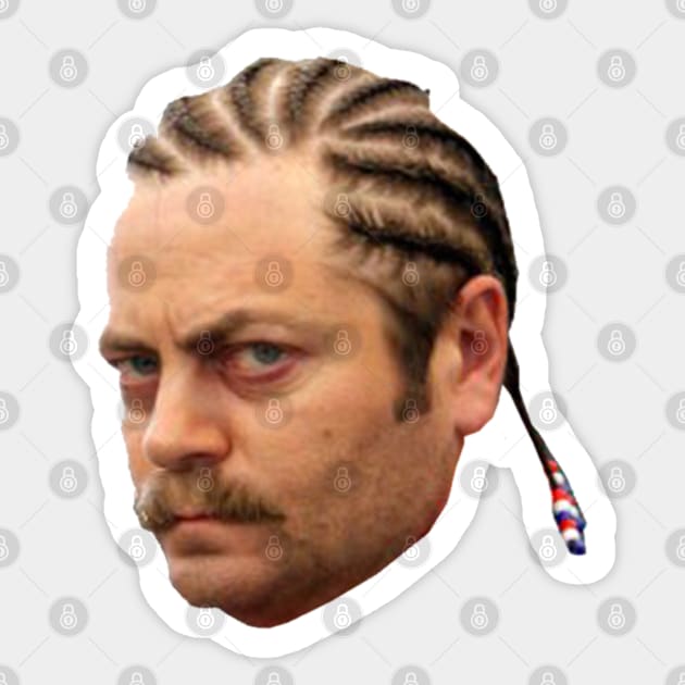 Ron Swanson Cornrows Sticker by Biscuit25